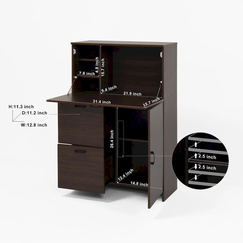 Desk Cabinet, with Storage Drawer & Shelves, Fold-up Desktop