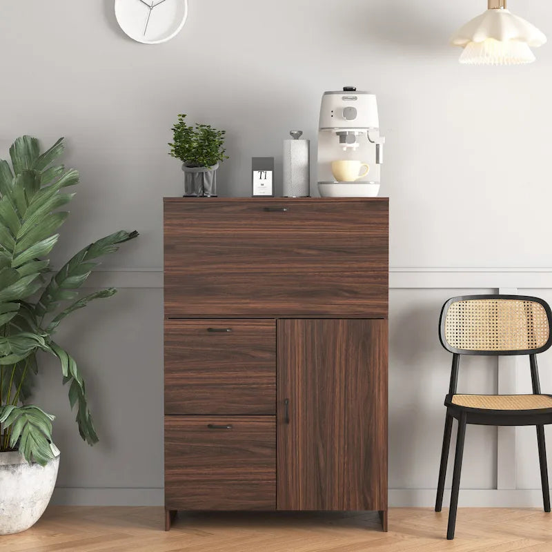 Desk Cabinet, with Storage Drawer & Shelves, Fold-up Desktop