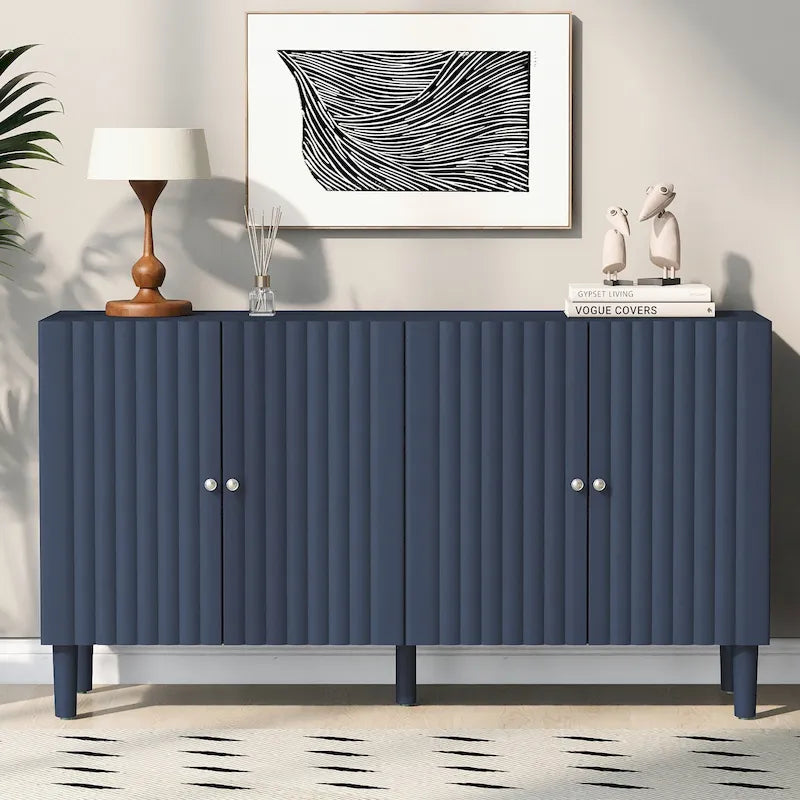 Elegant Four-Door Sideboard with Wavy Pattern Doors, Cylindrical Legs, and Sleek Metal Handles, Adjustable, for Living Room