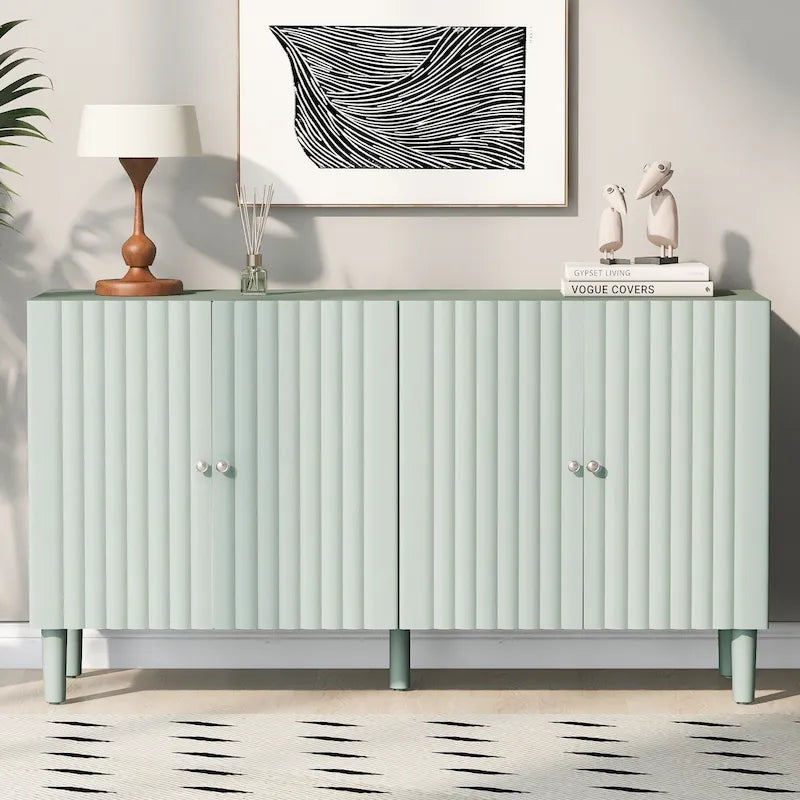 Elegant Four-Door Sideboard with Wavy Pattern Doors, Cylindrical Legs, and Sleek Metal Handles, Adjustable, for Living Room