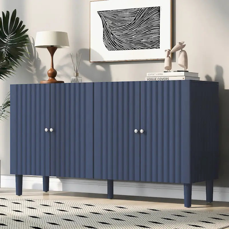 Elegant Four-Door Sideboard with Wavy Pattern Doors, Cylindrical Legs, and Sleek Metal Handles, Adjustable, for Living Room
