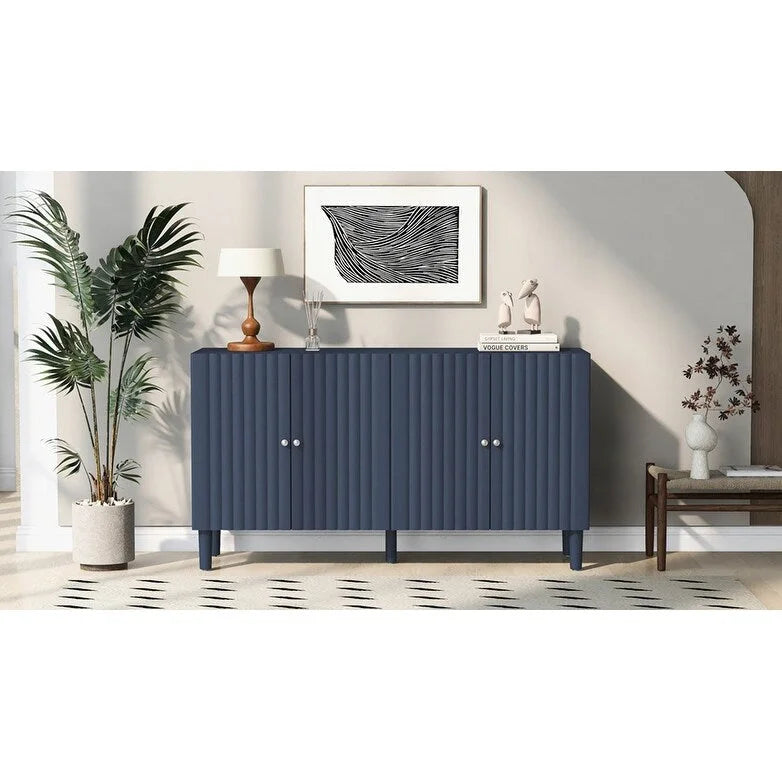Elegant Four-Door Sideboard with Wavy Pattern Doors, Cylindrical Legs, and Sleek Metal Handles, Adjustable, for Living Room