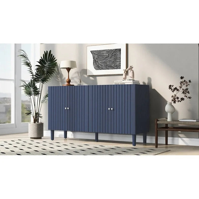 Elegant Four-Door Sideboard with Wavy Pattern Doors, Cylindrical Legs, and Sleek Metal Handles, Adjustable, for Living Room
