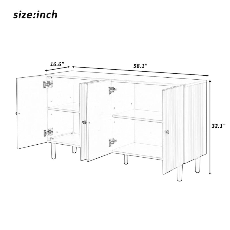 Elegant Four-Door Sideboard with Wavy Pattern Doors, Cylindrical Legs, and Sleek Metal Handles, Adjustable, for Living Room