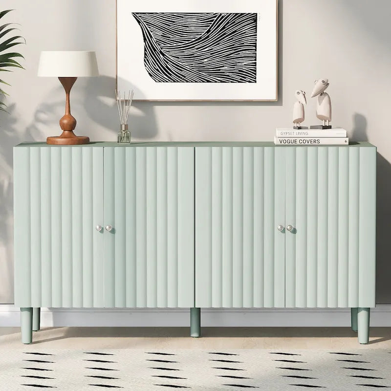 Elegant Four-Door Sideboard with Wavy Pattern Doors, Cylindrical Legs, and Sleek Metal Handles, Adjustable, for Living Room