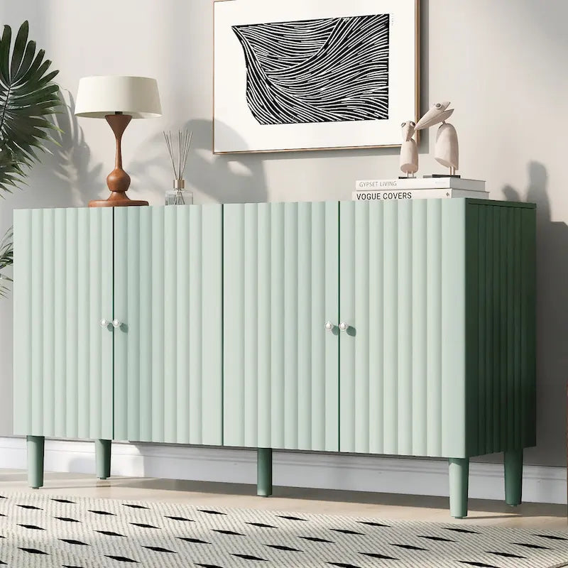 Elegant Four-Door Sideboard with Wavy Pattern Doors, Cylindrical Legs, and Sleek Metal Handles, Adjustable, for Living Room