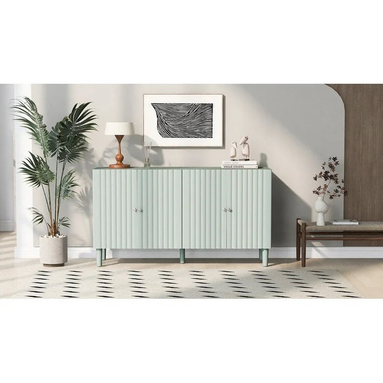 Elegant Four-Door Sideboard with Wavy Pattern Doors, Cylindrical Legs, and Sleek Metal Handles, Adjustable, for Living Room