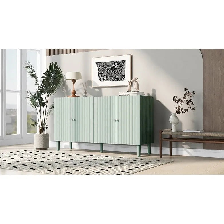 Elegant Four-Door Sideboard with Wavy Pattern Doors, Cylindrical Legs, and Sleek Metal Handles, Adjustable, for Living Room