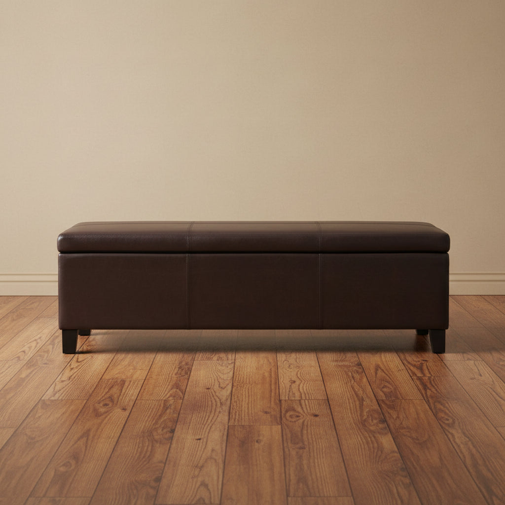 Elias Storage Ottoman Bench, Detailed Brown Faux Leather, 51 Inch