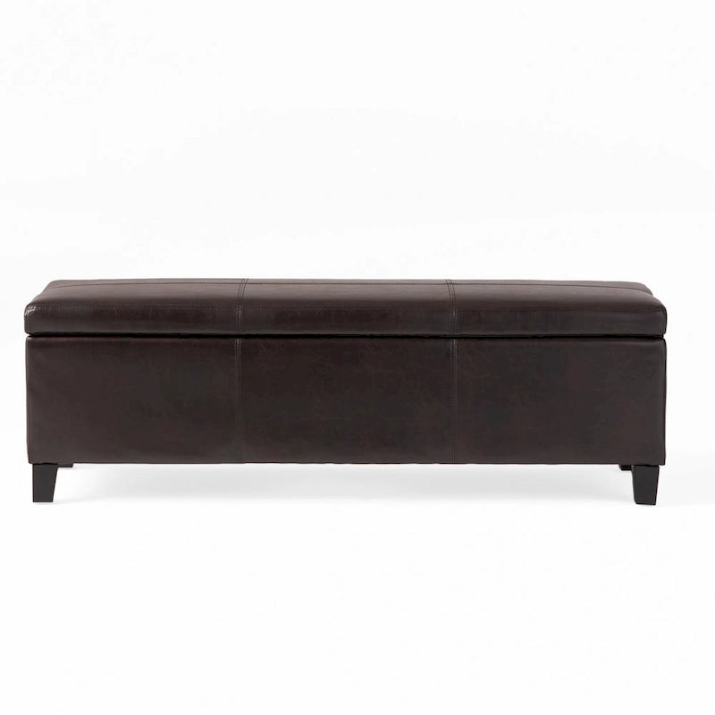 Storage Ottoman Bench, Detailed Brown Faux Leather, 51 Inch