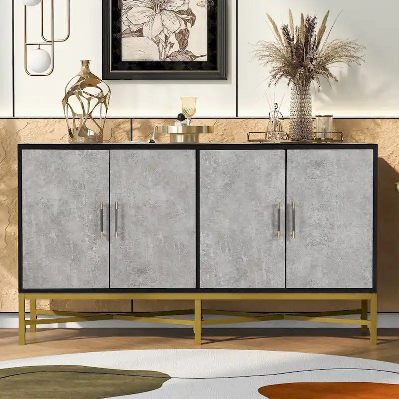 Sideboard Cabinet with Metal Handles, Entryway Storage Cabinets with Shelves, Buffet Cabinet with Metal Cross Leg
