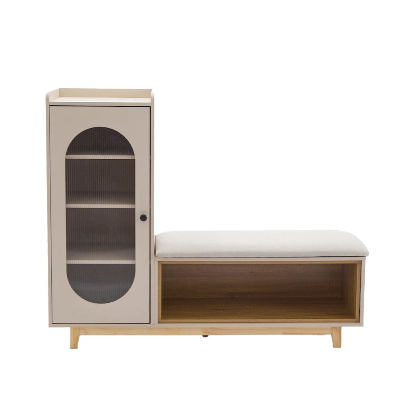 Cream White Shoe Bench with Storage Cabinet and Solid Wood Legs for Organized Entryways