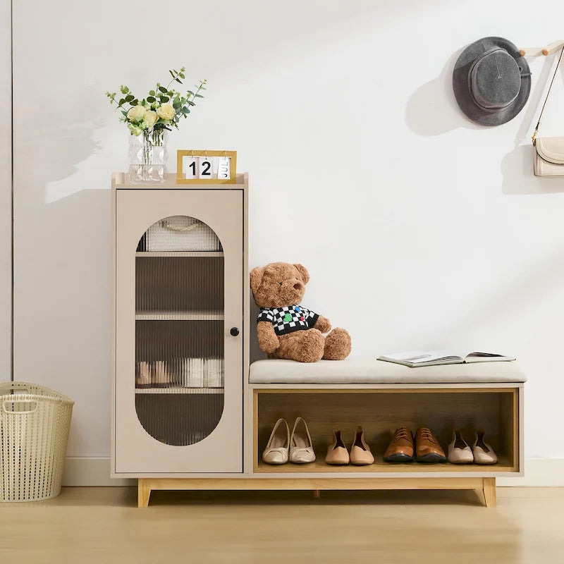Cream White Shoe Bench with Storage Cabinet and Solid Wood Legs for Organized Entryways