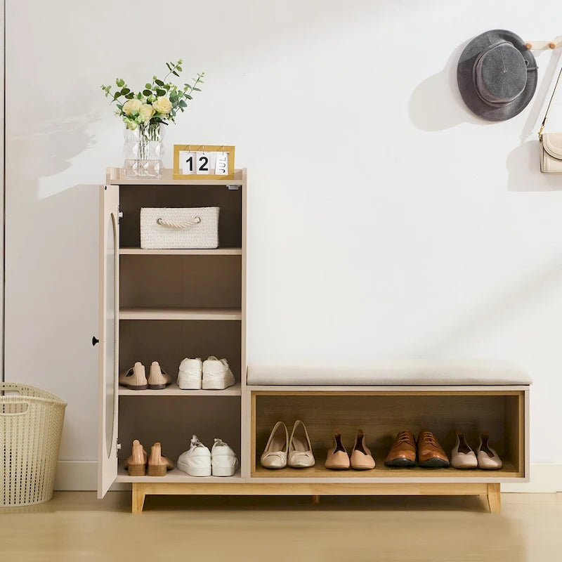 Cream White Shoe Bench with Storage Cabinet and Solid Wood Legs for Organized Entryways