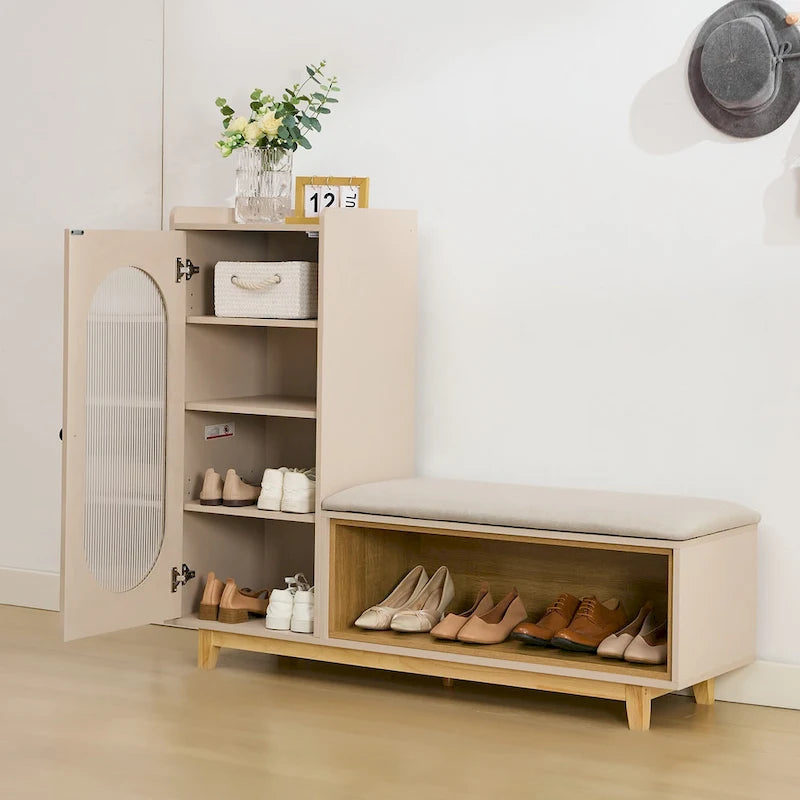 Cream White Shoe Bench with Storage Cabinet and Solid Wood Legs for Organized Entryways