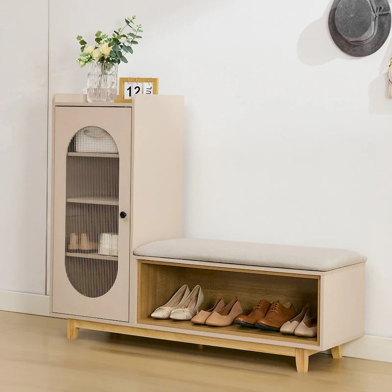Cream White Shoe Bench with Storage Cabinet and Solid Wood Legs for Organized Entryways
