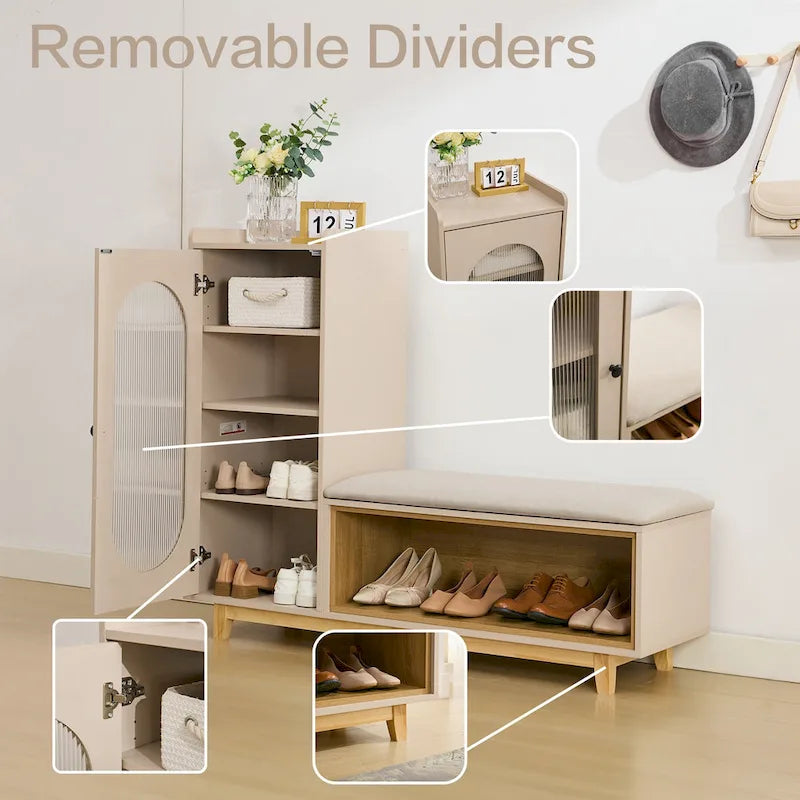 Cream White Shoe Bench with Storage Cabinet and Solid Wood Legs for Organized Entryways