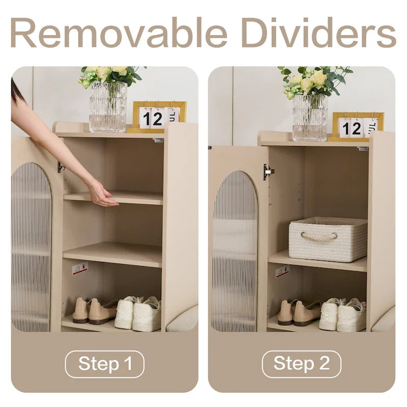 Cream White Shoe Bench with Storage Cabinet and Solid Wood Legs for Organized Entryways