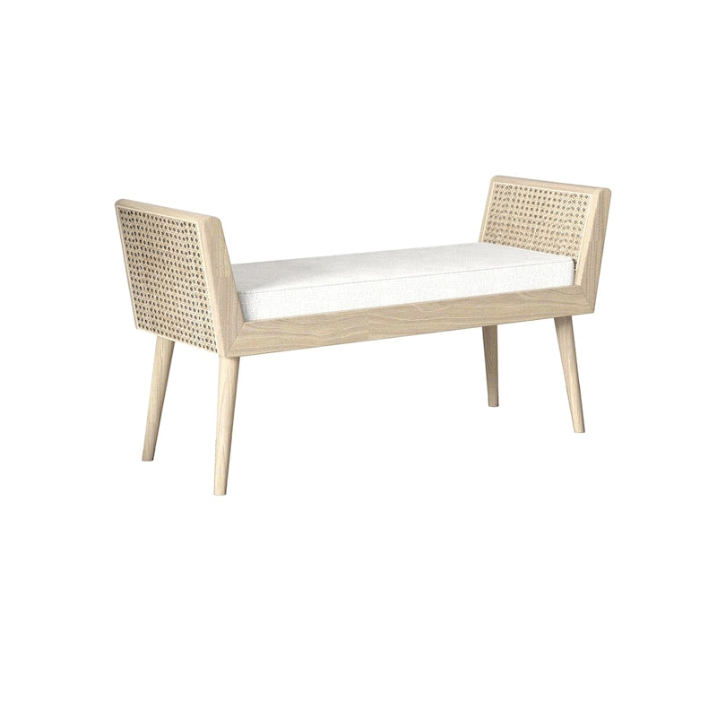 Mid-Century Padded Bench with Raised Rattan Arms