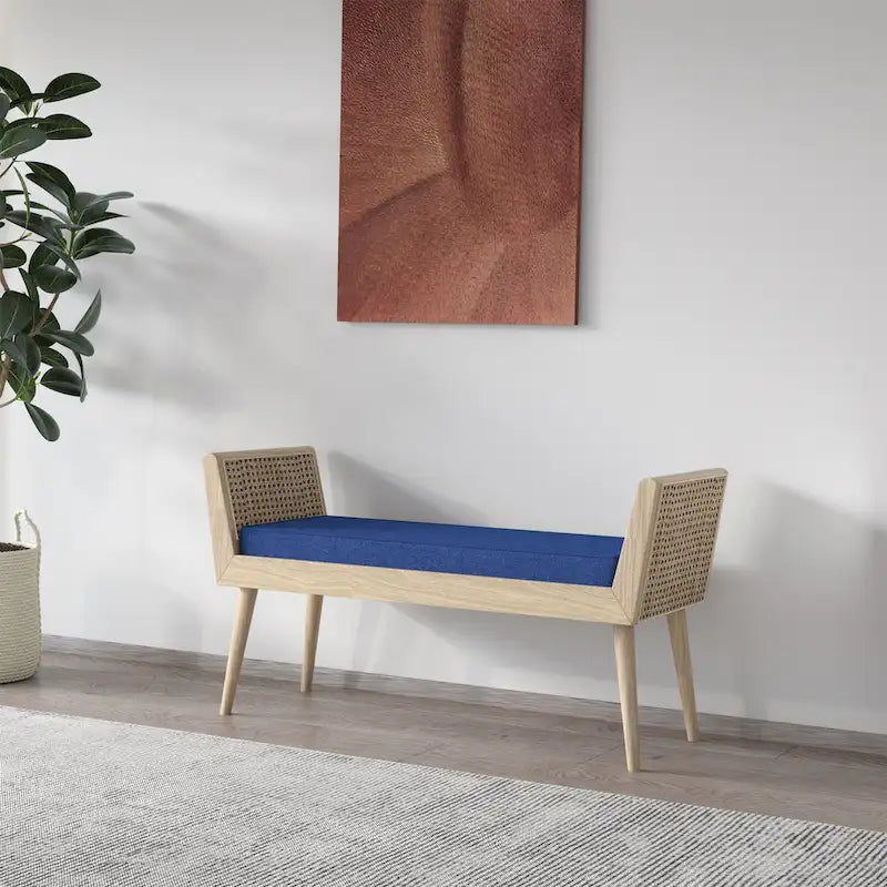 Mid-Century Padded Bench with Raised Rattan Arms