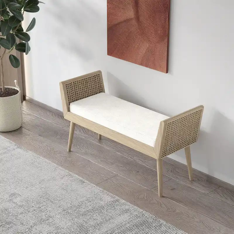 Mid-Century Padded Bench with Raised Rattan Arms