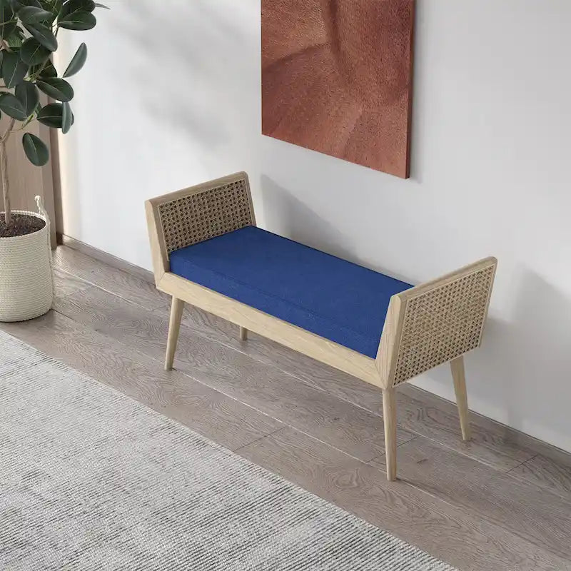 Mid-Century Padded Bench with Raised Rattan Arms