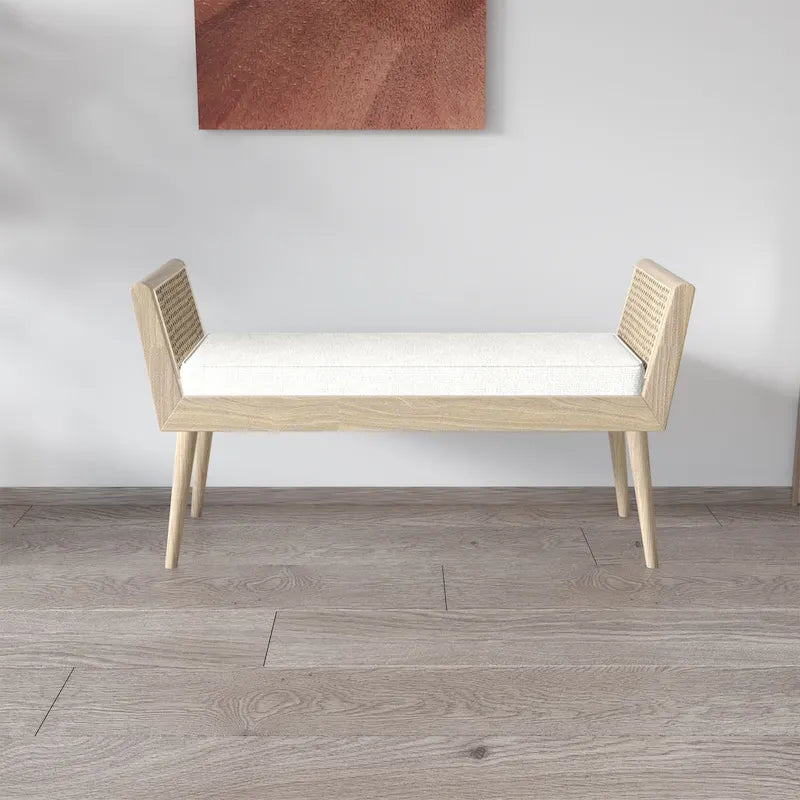 Mid-Century Padded Bench with Raised Rattan Arms