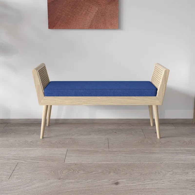 Mid-Century Padded Bench with Raised Rattan Arms