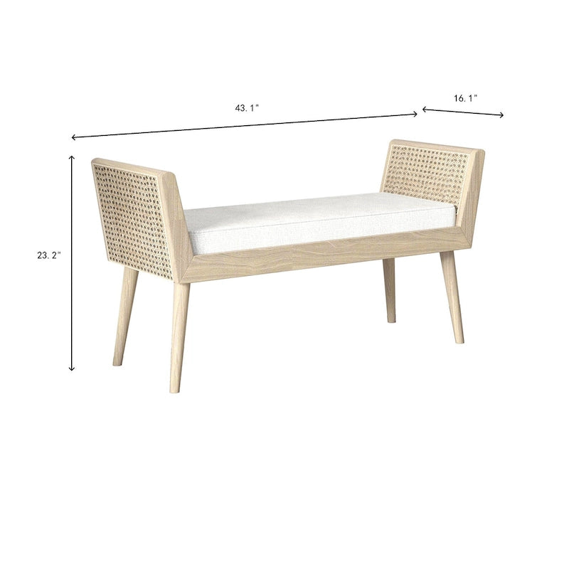 Mid-Century Padded Bench with Raised Rattan Arms