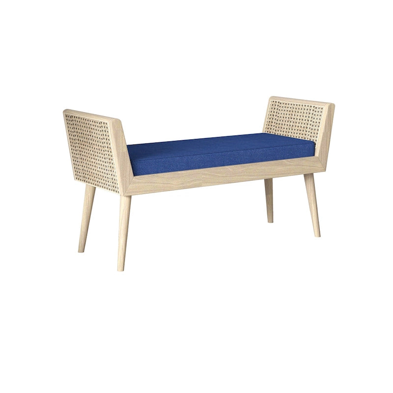 Mid-Century Padded Bench with Raised Rattan Arms