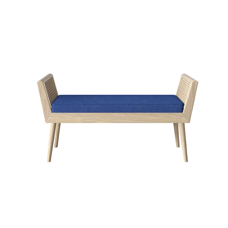 Mid-Century Padded Bench with Raised Rattan Arms