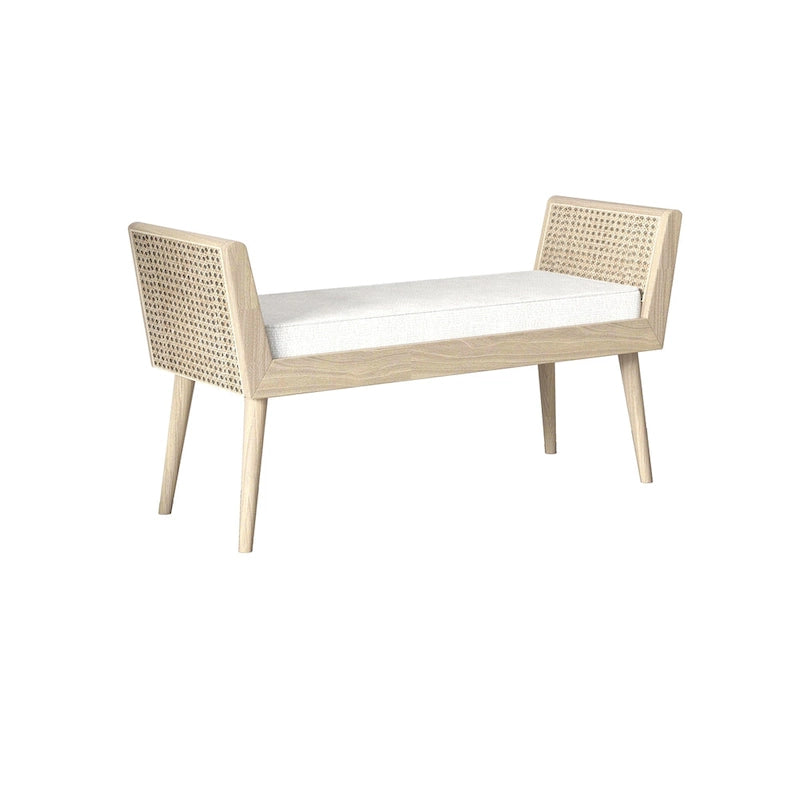 Mid-Century Padded Bench with Raised Rattan Arms