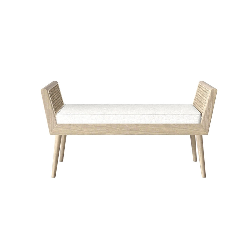 Mid-Century Padded Bench with Raised Rattan Arms