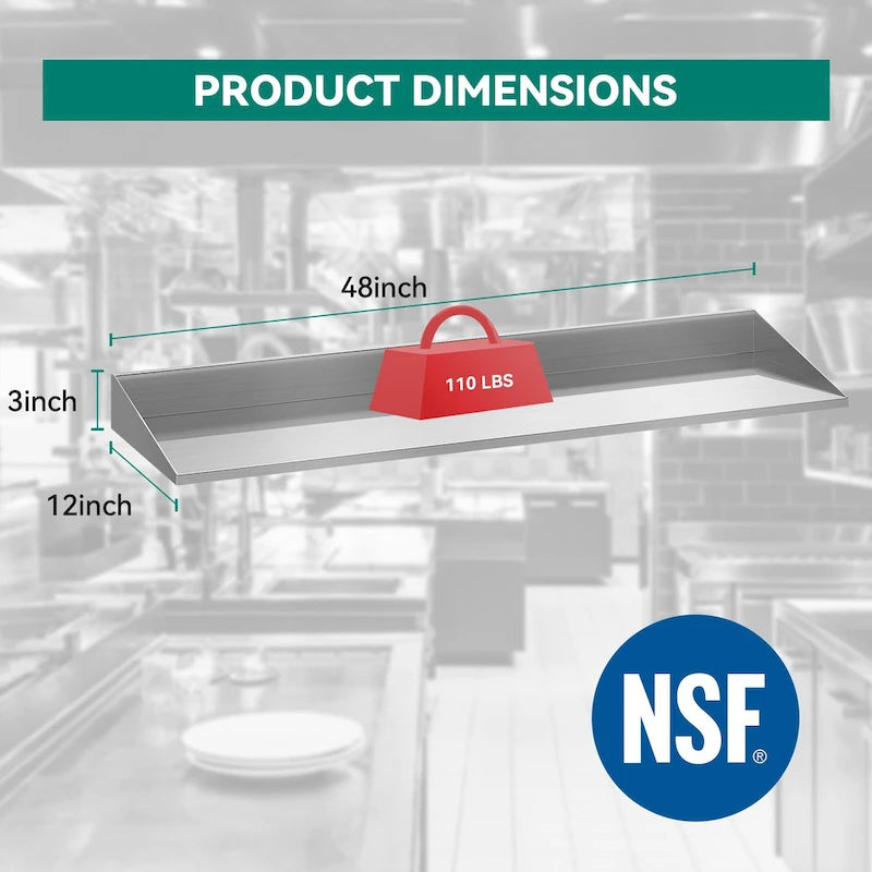 Wall-Mounted Stainless Steel Kitchen Storage Rack -48 x 12 Inches