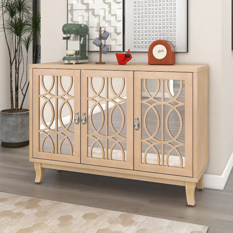 3 Door Mirrored Buffet CabinetSideboard with Glass Doors Dining Room