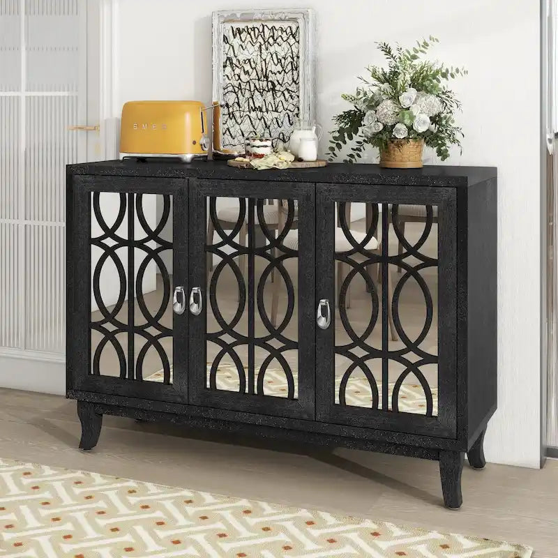 3 Door Mirrored Buffet CabinetSideboard with Glass Doors Dining Room