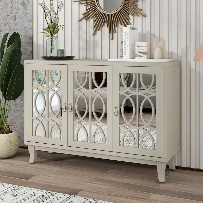 3 Door Mirrored Buffet CabinetSideboard with Glass Doors Dining Room