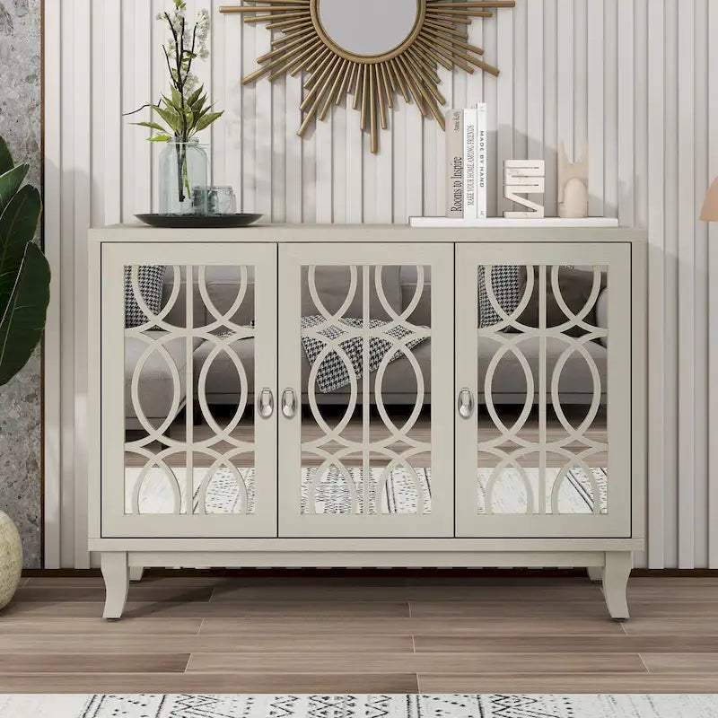 3 Door Mirrored Buffet CabinetSideboard with Glass Doors Dining Room