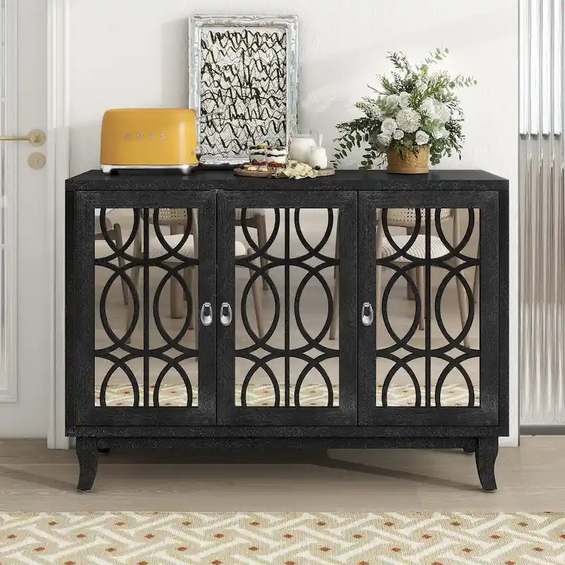 3 Door Mirrored Buffet CabinetSideboard with Glass Doors Dining Room