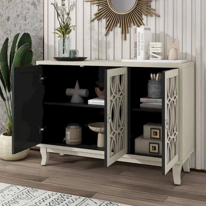 3 Door Mirrored Buffet CabinetSideboard with Glass Doors Dining Room
