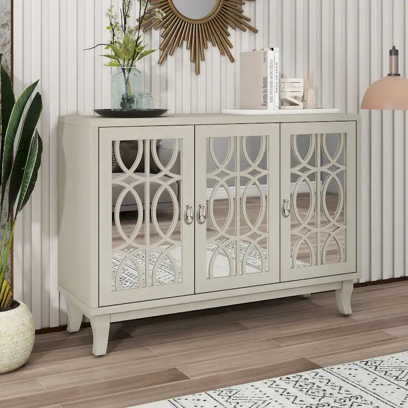 3 Door Mirrored Buffet CabinetSideboard with Glass Doors Dining Room