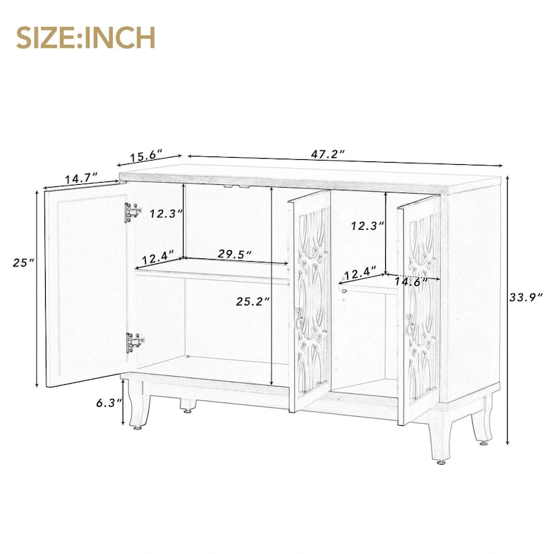 3 Door Mirrored Buffet CabinetSideboard with Glass Doors Dining Room