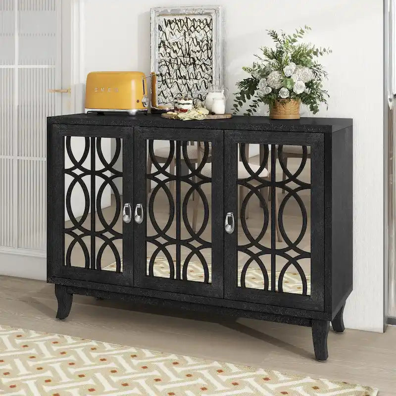 3 Door Mirrored Buffet CabinetSideboard with Glass Doors Dining Room
