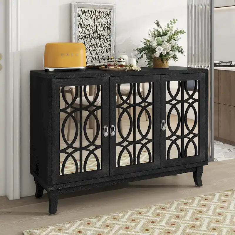 3 Door Mirrored Buffet CabinetSideboard with Glass Doors Dining Room