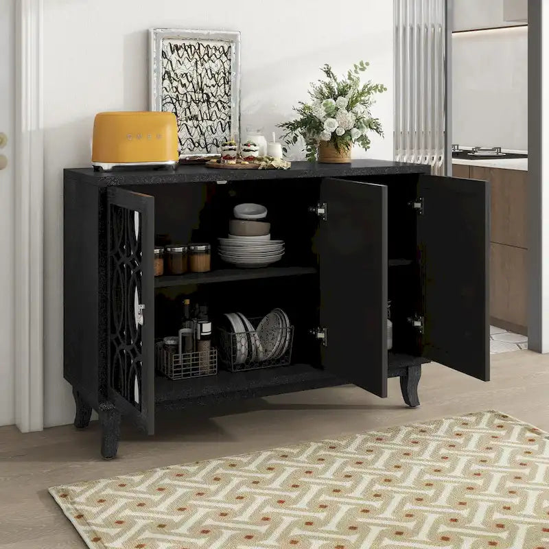 3 Door Mirrored Buffet CabinetSideboard with Glass Doors Dining Room