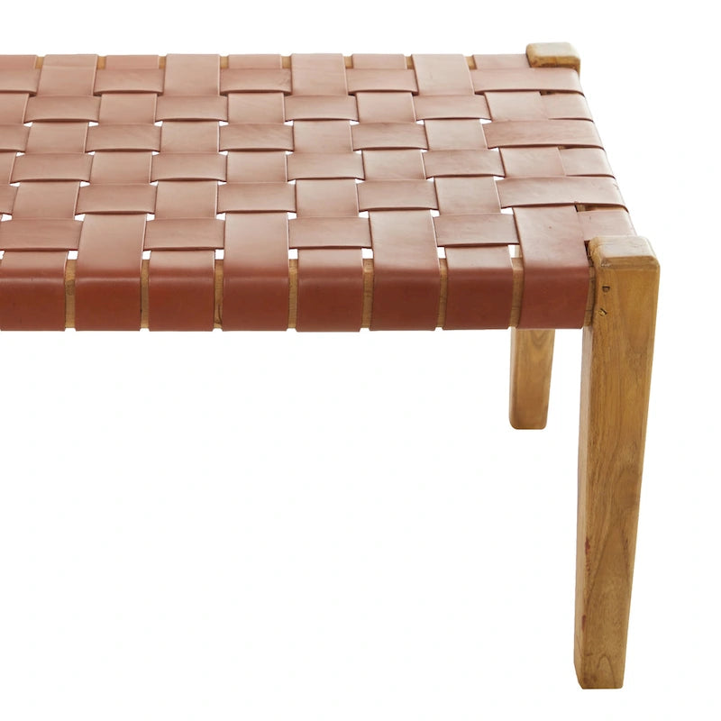 Black or Brown Leather Handmade Woven Seat Bench - 47 x 18 x 17