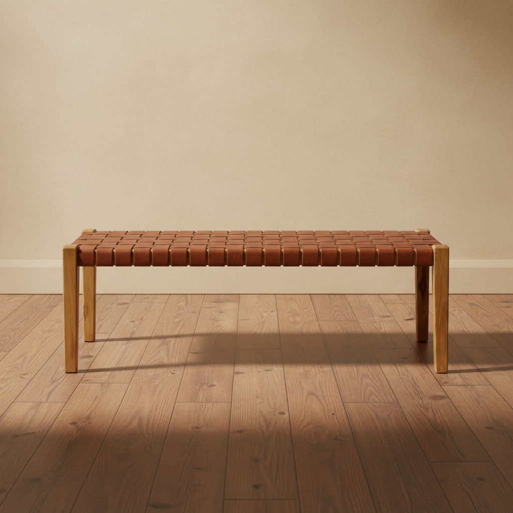 Black or Brown Leather Handmade Woven Seat Bench - 47 x 18 x 17