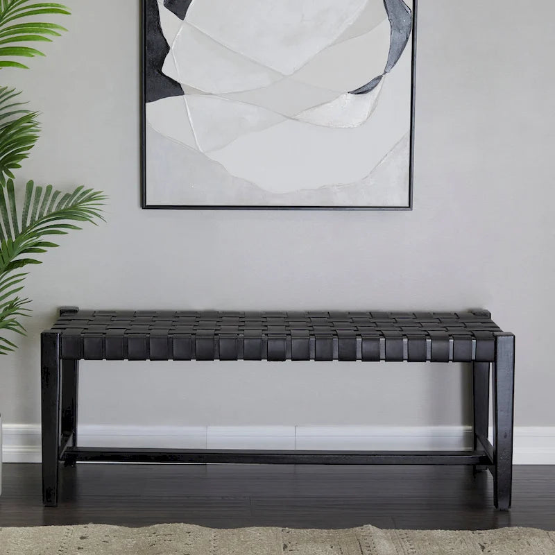 Black or Brown Leather Handmade Woven Seat Bench - 47 x 18 x 17