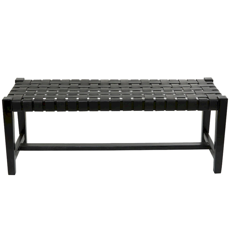 Black or Brown Leather Handmade Woven Seat Bench - 47 x 18 x 17