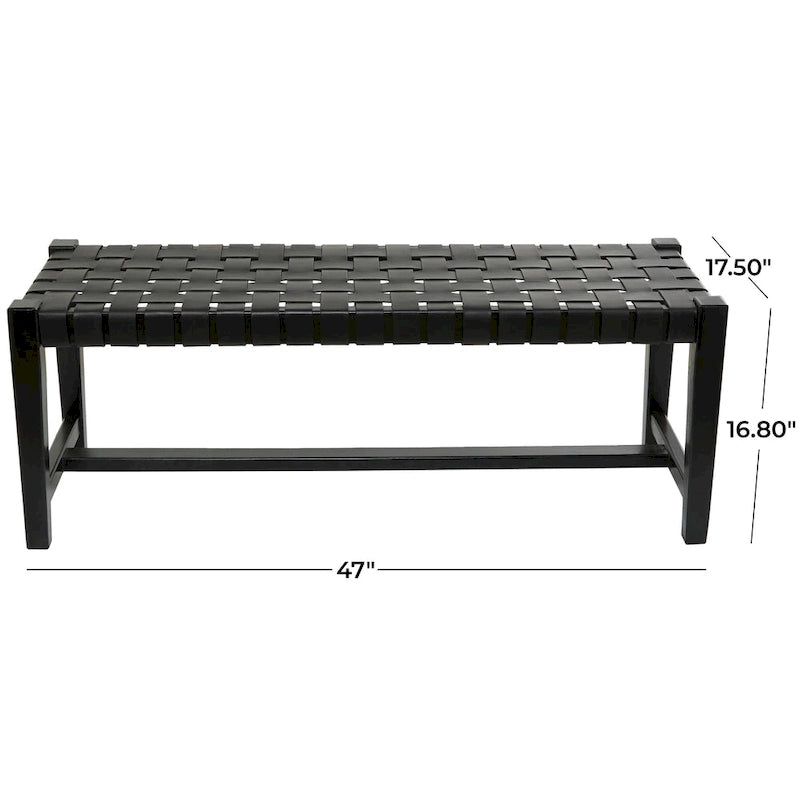 Black or Brown Leather Handmade Woven Seat Bench - 47 x 18 x 17
